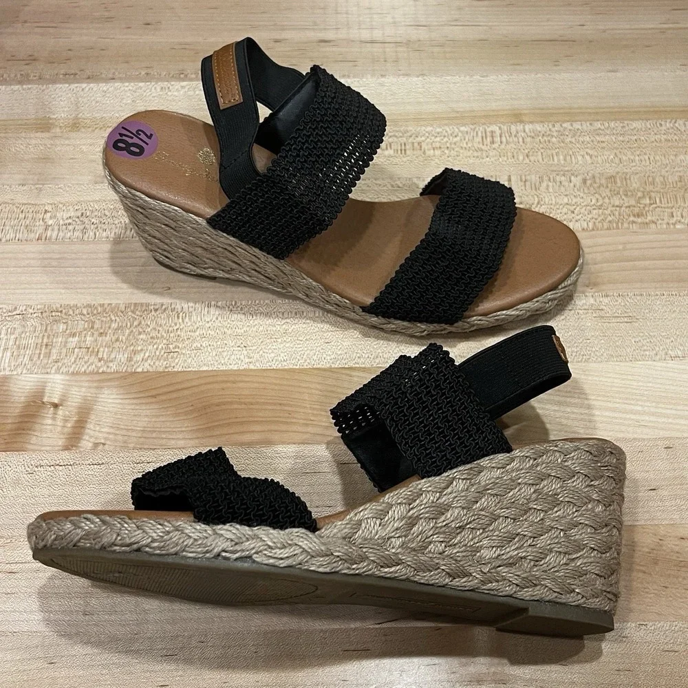 Tommy Bahama Sandals Women's Size 8.5 Black Sakura Espadrille Wedge Stretch